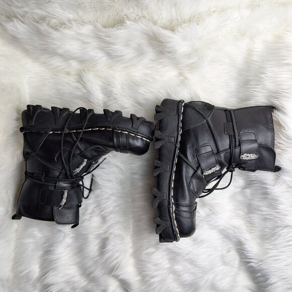Boseton Men's Leather Moto Biker Boots Black Lace up Burning Man grunge - Picture 4 of 16